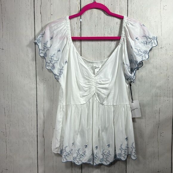 Japna Embroidered White Pleated Boho Short Sleeves Summer Beachy Blouse - Picture 5 of 12